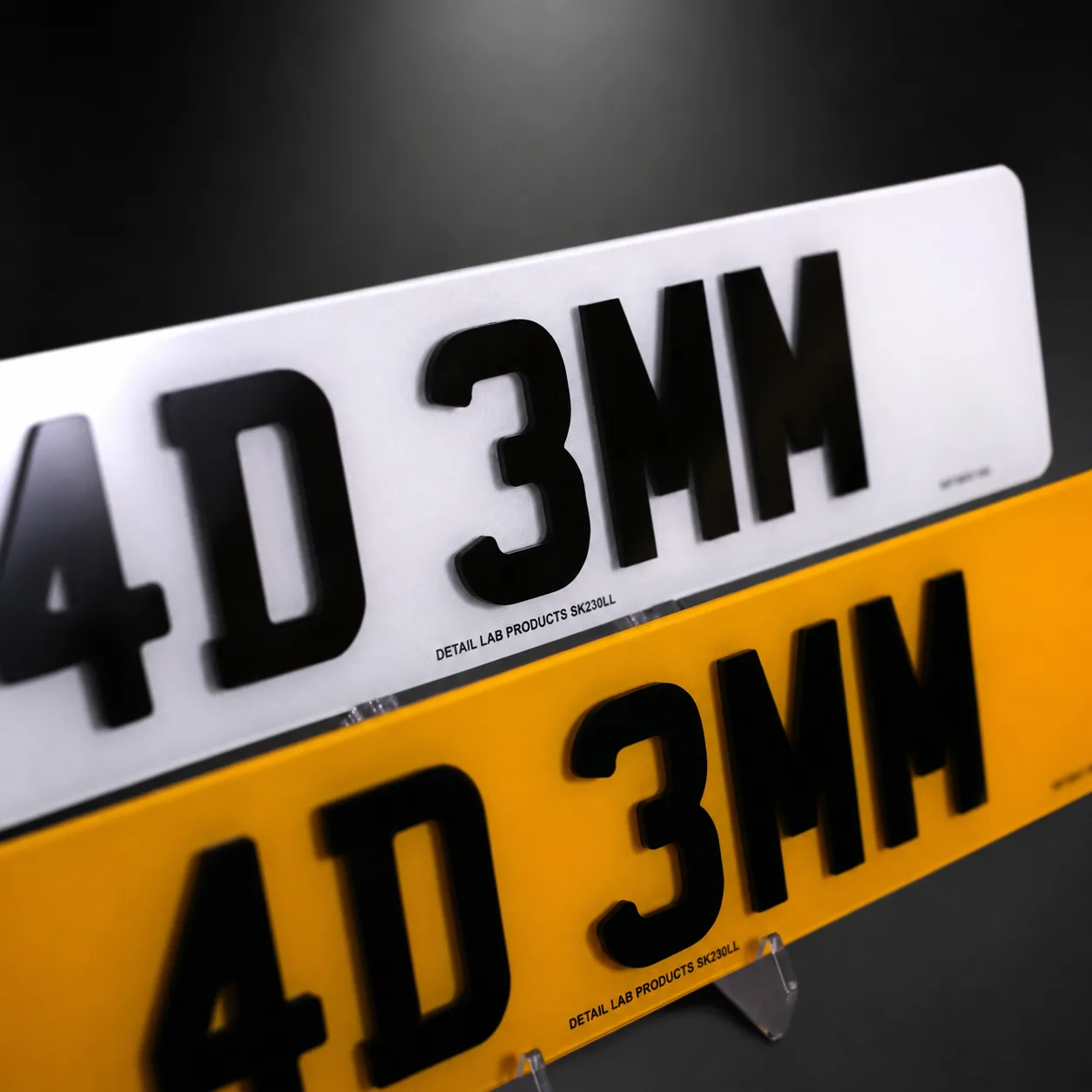 Flat-faced 3mm gloss black acrylic number plate letters raised on white and yellow plates