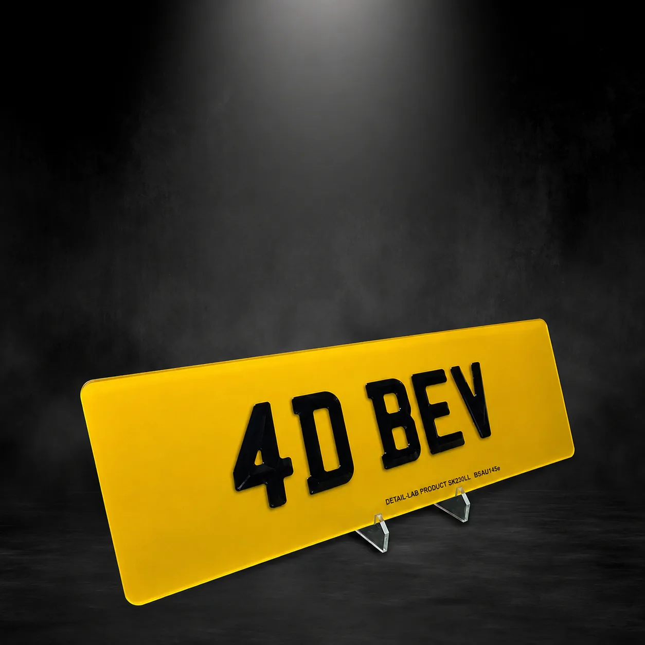 Yellow number plate with raised gloss black 4D bevelled acrylic characters